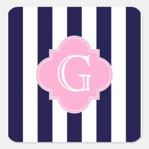 Navy Blue White Stripe Pink Quatrefoil Monogram Square Sticker