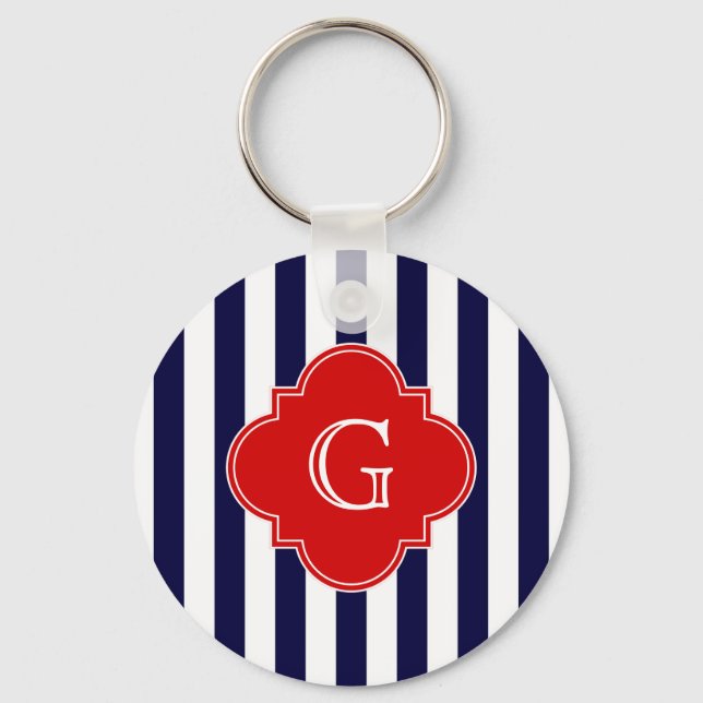 Navy Blue White Stripe Red Quatrefoil Monogram Key Ring (Front)