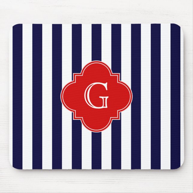 Navy Blue White Stripe Red Quatrefoil Monogram Mouse Pad (Front)