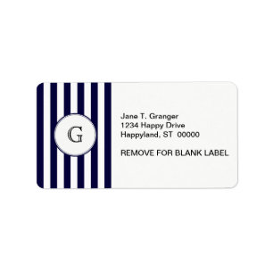 Navy Blue White Stripe Round Wht Monogram Label