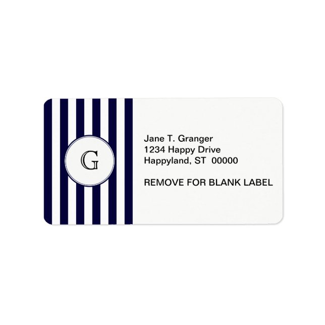 Navy Blue White Stripe Round Wht Monogram Label (Front)