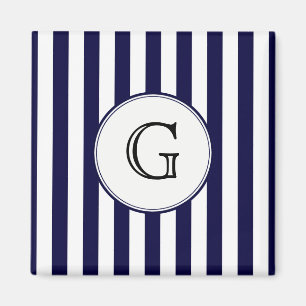 Navy Blue White Stripe Round Wht Monogram Label Magnet