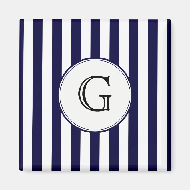 Navy Blue White Stripe Round Wht Monogram Label Magnet (Front)