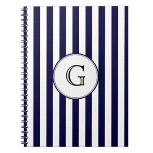 Navy Blue White Stripe Round Wht Monogram Label Notebook