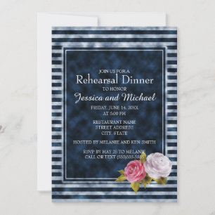 Navy Blue White Stripe Vintage Floral Rehearsal Invitation
