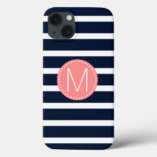 Navy Blue & White Stripe with Coral Monogram iPhone 13 Case