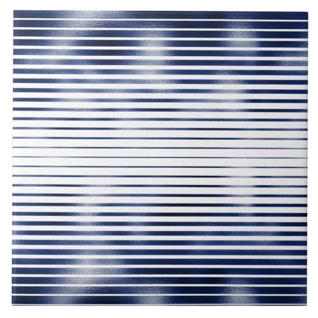 Navy blue white striped geometric pattern foil ceramic tile (Front)