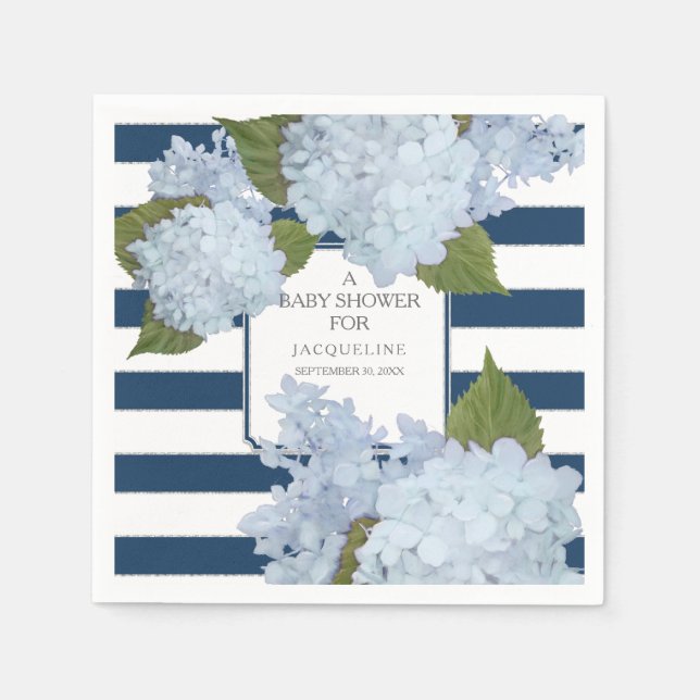 Navy Blue White Striped Hydrangea Floral Baby Show Napkin (Front)