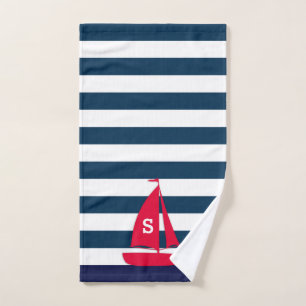Navy Blue White Striped Monogram Red Boat Nautical Hand Towel