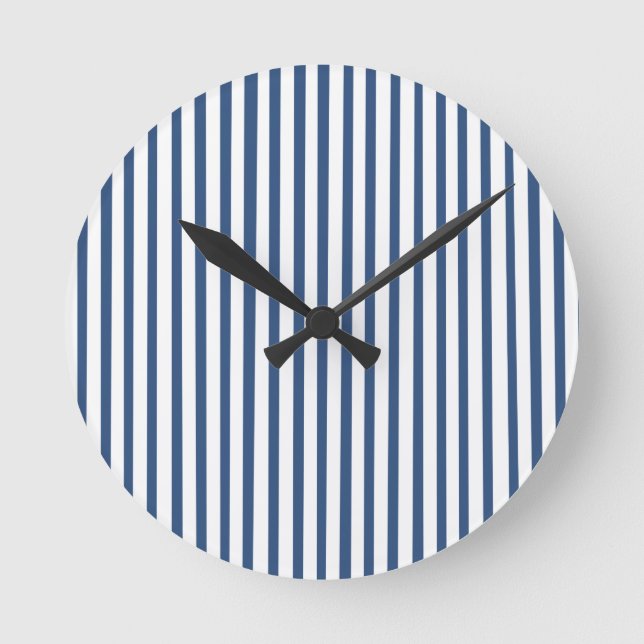 Navy Blue White Striped Pattern Round Clock (Front)