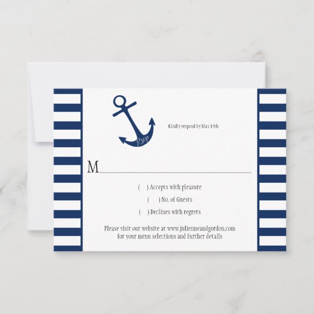Navy Blue White Stripes Anchor Nautical Theme RSVP Card (Front)