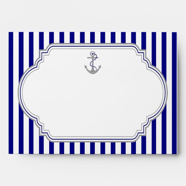 Navy blue, white stripes & anchor nautical wedding envelopes (Front)