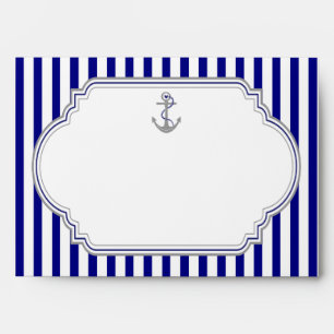 Navy blue, white stripes & anchor nautical wedding envelopes