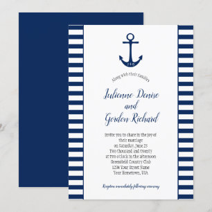 Navy Blue White Stripes Anchor Nautical Weddings Invitation