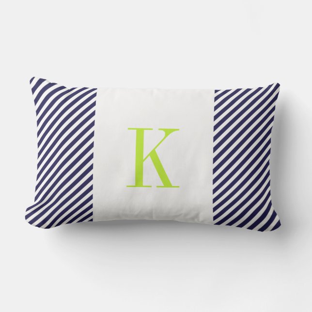 Navy Blue White Stripes Lime Green Monogram Lumbar Cushion (Front)