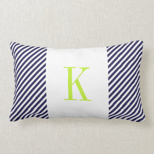 Navy Blue White Stripes Lime Green Monogram Lumbar Cushion