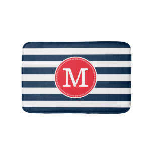 Navy Blue White Stripes Minimal Bold Red Monogram Bath Mat
