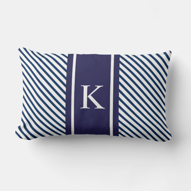 Navy Blue White Stripes & Monogram Lumbar Cushion (Front)