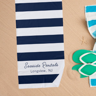 Navy blue white stripes name script beach towel