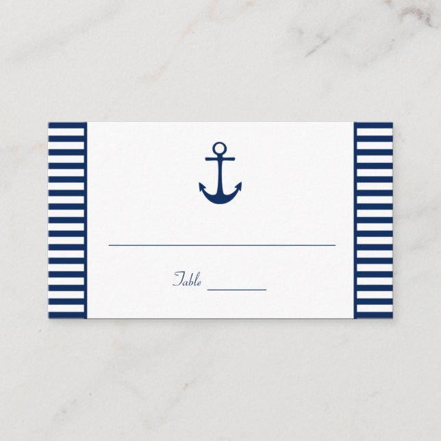 Navy Blue White Stripes Nautical Place Cards (Front)
