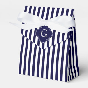 Navy Blue White Stripes, Navy Label Monogram Favour Box