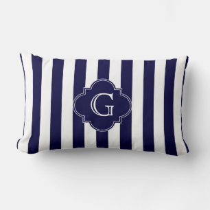 Navy Blue White Stripes, Navy Label Monogram Lumbar Cushion