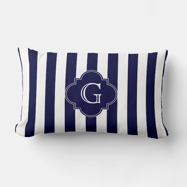 Navy Blue White Stripes, Navy Label Monogram Lumbar Cushion (Front)