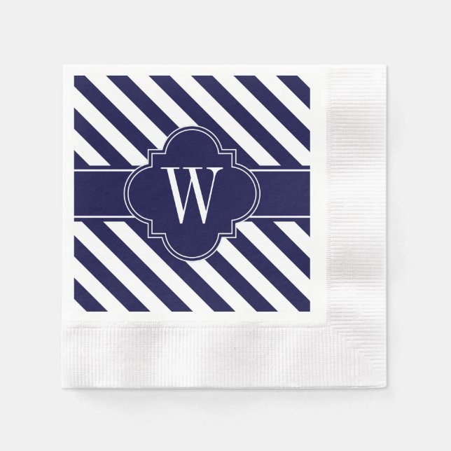 Navy Blue White Stripes, Navy Label Monogram Napkin (Front)