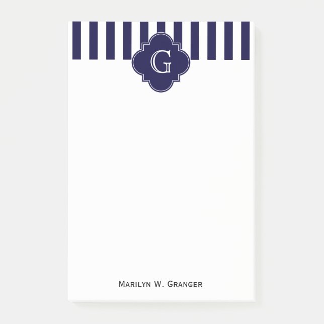 Navy Blue White Stripes, Navy Label Monogram Post-it Notes (Front)