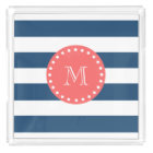 Navy Blue White Stripes Pattern, Coral Monogram