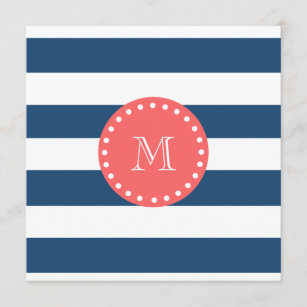 Navy Blue White Stripes Pattern, Coral Monogram Card