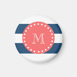 Navy Blue White Stripes Pattern, Coral Monogram Magnet