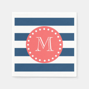 Navy Blue White Stripes Pattern, Coral Monogram Napkin
