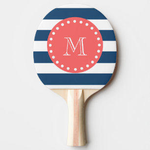 Navy Blue White Stripes Pattern, Coral Monogram Ping Pong Paddle