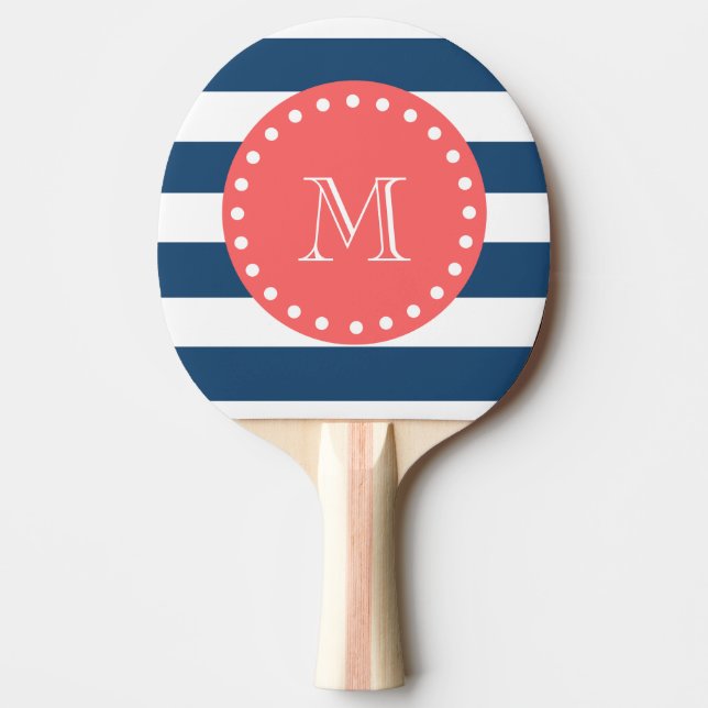 Navy Blue White Stripes Pattern, Coral Monogram Ping Pong Paddle (Front)