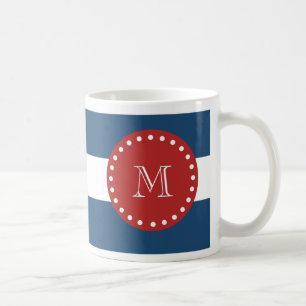 Navy Blue White Stripes Pattern, Red Monogram Coffee Mug