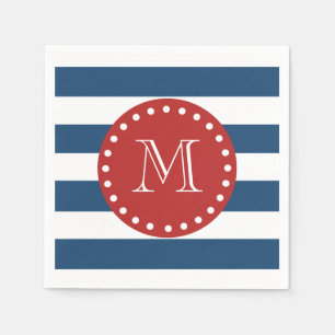 Navy Blue White Stripes Pattern, Red Monogram Napkin