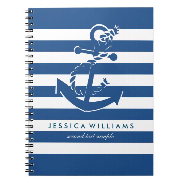 Navy Blue & White Stripes Pattern With Anchor Notebook (Front)