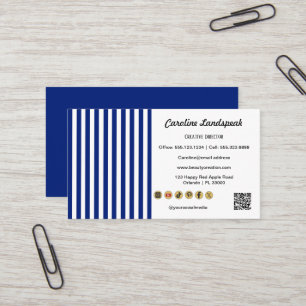 Navy Blue White Stripes QR Code, Social Media Icon Business Card
