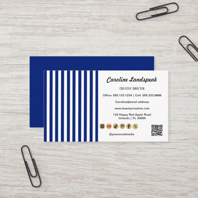 Navy Blue White Stripes QR Code, Social Media Icon Business Card (Front/Back In Situ)