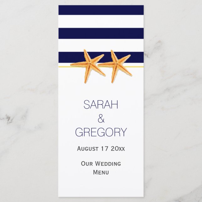 Navy blue white stripes starfish wedding menu card (Front)
