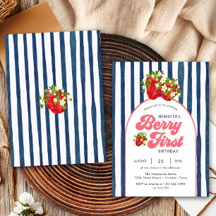Navy Blue White Stripes Strawberry 1st Birthday Invitation