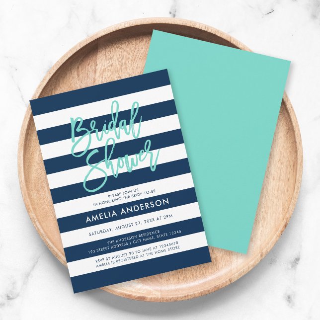 Navy Blue & White Stripes Turquoise Bridal Shower Invitation (Creator Uploaded)
