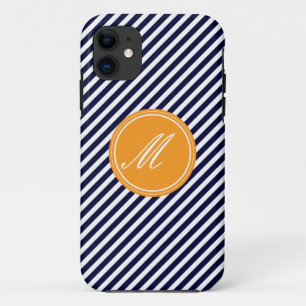Navy Blue & White Stripes w Monogram iPhone 5 Case
