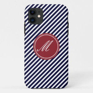 Navy Blue & White Stripes w Monogram iPhone 5 Case