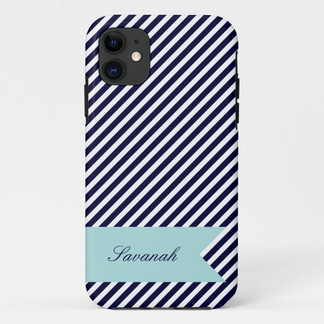 Navy Blue & White Stripes w Monogram iPhone 5 Case (Back)