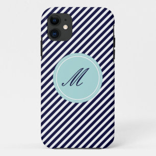 Navy Blue & White Stripes w Monogram iPhone 5 Case