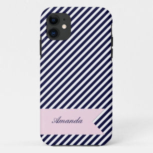 Navy Blue & White Stripes w Monogram iPhone 5 Case