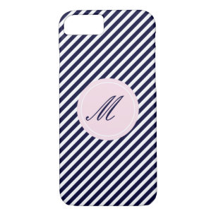 Navy Blue & White Stripes w Monogram iPhone 7 Case