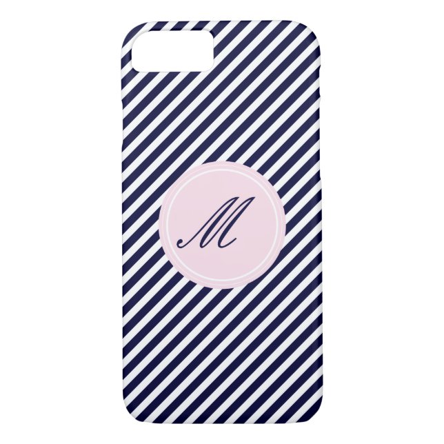 Navy Blue & White Stripes w Monogram iPhone 7 Case (Back)